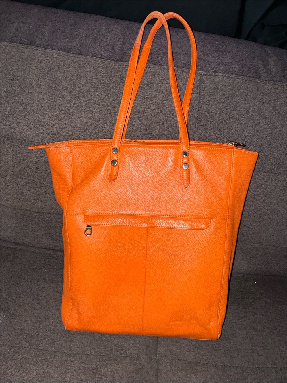 Structured Orange Leather Tote Bag with Front Zip Pocket